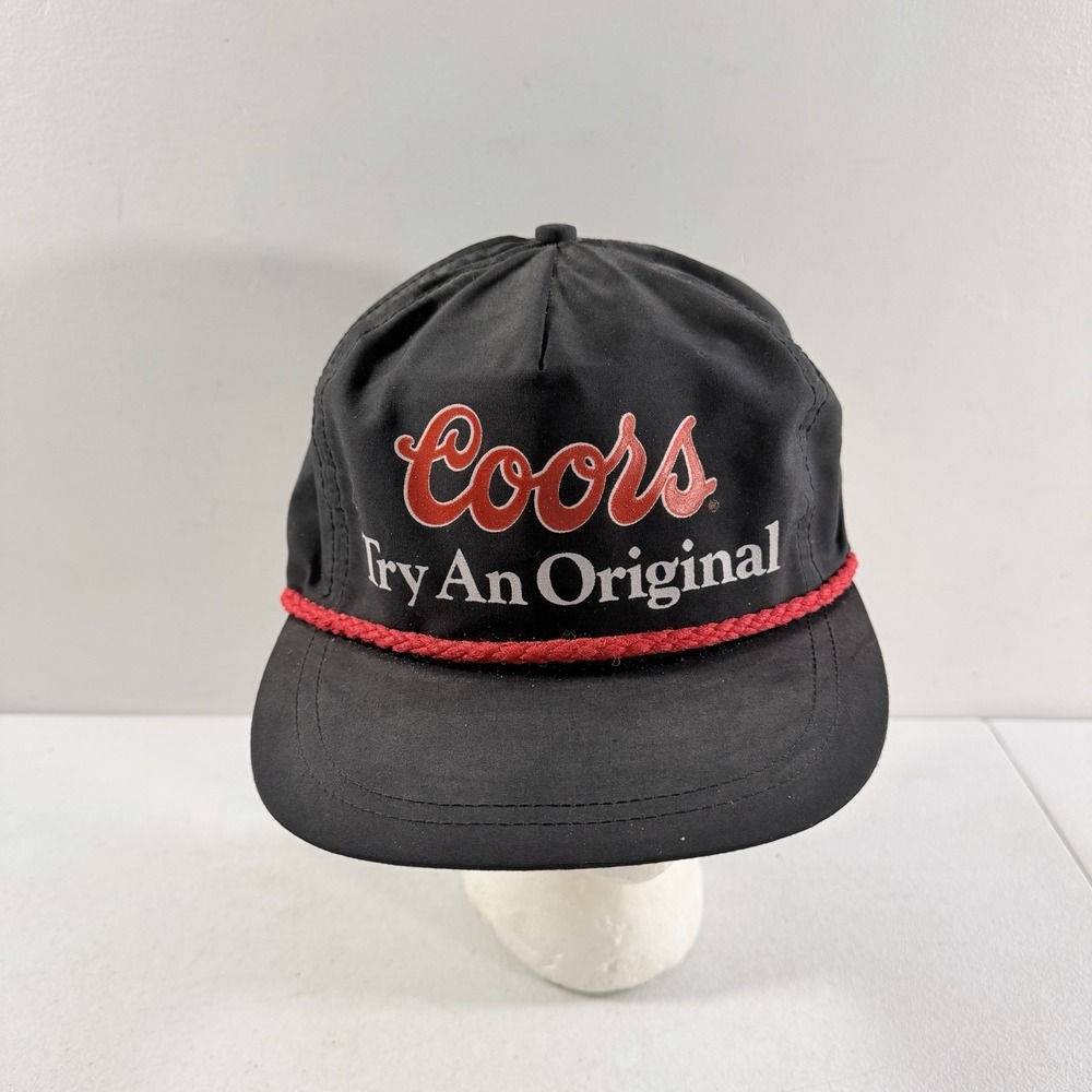 Vintage 80's 90's Coors Try An Original Black Beer Strapback Rope Hat Cap